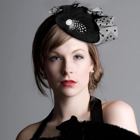 Yolev الأسود قطع زينة للنساء قبعات مستديرة 20s 50s قبعة مع ريشة شبكة الحجاب كوكتيل الشاي أغطية الرأس للفتيات والنساء in Kuwait