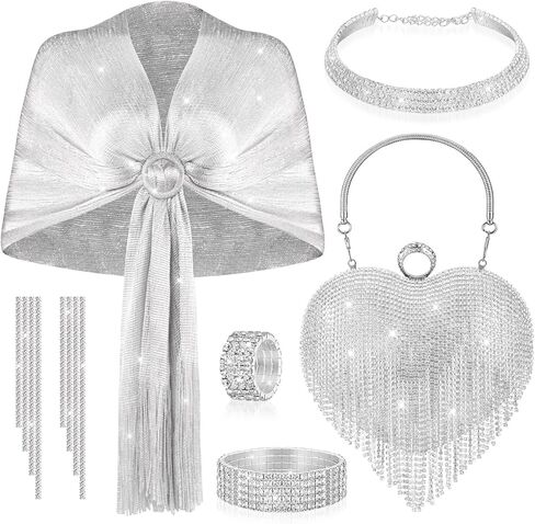 جيويو جوليري مجموعة من 8 قطع من احجار الراين المسائية للنساء، اكسسوارات تتضمن شالات ولفافات وشنطة مسائية وحقيبة كلاتش وقلادة لامعة واقراط وسوار لحفلات الزفاف وعيد الحب in Kuwait