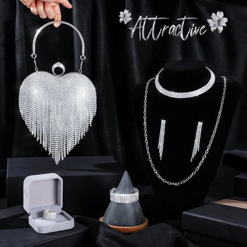 جيويو جوليري مجموعة من 8 قطع من احجار الراين المسائية للنساء، اكسسوارات تتضمن شالات ولفافات وشنطة مسائية وحقيبة كلاتش وقلادة لامعة واقراط وسوار لحفلات الزفاف وعيد الحب in Kuwait