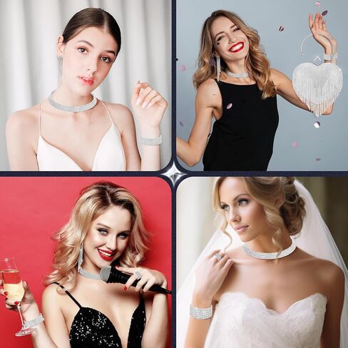 جيويو جوليري مجموعة من 8 قطع من احجار الراين المسائية للنساء، اكسسوارات تتضمن شالات ولفافات وشنطة مسائية وحقيبة كلاتش وقلادة لامعة واقراط وسوار لحفلات الزفاف وعيد الحب in Kuwait