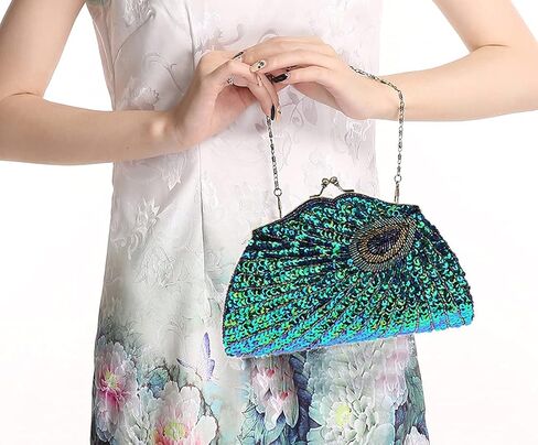 حقيبة يد نسائية فاخرة فريدة من نوعها مطرزة بالترتر من LIFEWISH، حقيبة يد لحفلات الزفاف وحفلات الزفاف والحفلات الراقصة (أزرق طاووس) in Kuwait