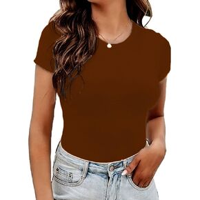 LINMON Women's Short Sleeve Bodysuits Basic T Shirts Round Neck Stretchy Jumpsuit Tops