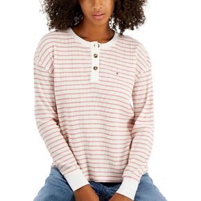 TOMMY HILFIGER Womens Pink Textured Henley Boxy Fit Contrast Trim Striped Long Sleeve Round Neck Top XL in Saudi Arabia