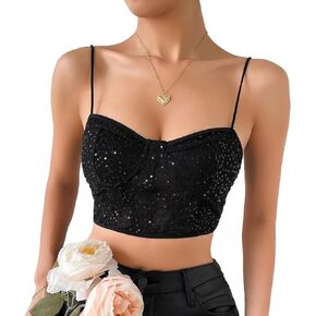 Women's Floral Lace Cami Crop Top Spaghetti Strap Sheer Mesh Corset Bustier Tops Bralette in Kuwait
