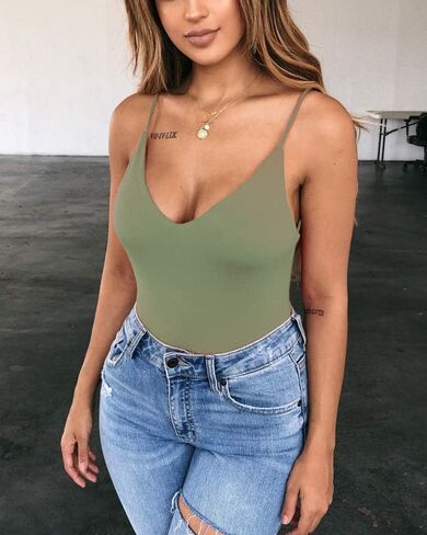 LINMON Women's Spaghetti Strap Bodysuit Tops Deep V Neck Sleeveless Open Back Camisoles Jumpsuit Leotard in Saudi Arabia