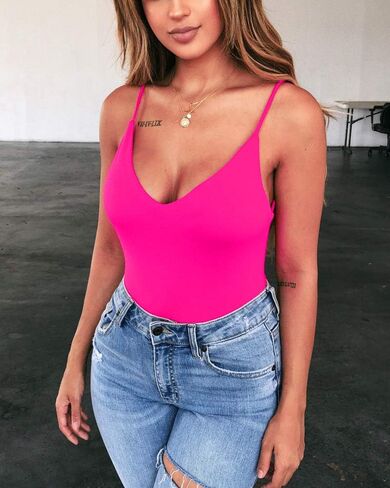LINMON Women's Spaghetti Strap Bodysuit Tops Deep V Neck Sleeveless Open Back Camisoles Jumpsuit Leotard in Saudi Arabia