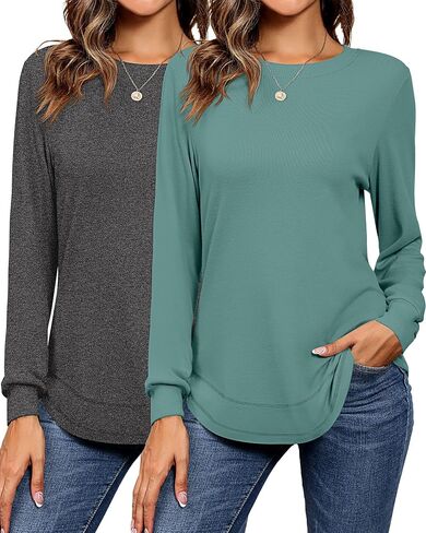 Riyiper 2 Pack Women's Crew Neck Sweatshirts, Cotton Long Sleeve Casual Shirts Loose Fit Tunic Tops Plain Basic Pullover Tees in Saudi Arabia
