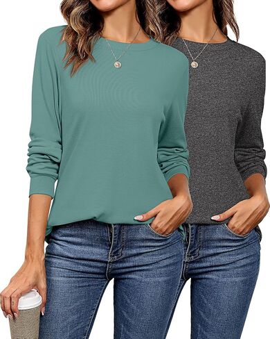 Riyiper 2 Pack Women's Crew Neck Sweatshirts, Cotton Long Sleeve Casual Shirts Loose Fit Tunic Tops Plain Basic Pullover Tees in Saudi Arabia