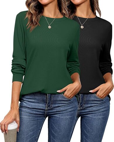 Riyiper 2 Pack Women's Crew Neck Sweatshirts, Cotton Long Sleeve Casual Shirts Loose Fit Tunic Tops Plain Basic Pullover Tees in Saudi Arabia