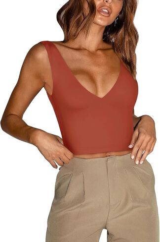 REORIA Women’s Sexy Plunge Deep V Neck Sleeveless V Backless Slim Fit Going Out Crop Tank Tops in Saudi Arabia