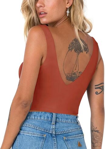 REORIA Women’s Sexy Plunge Deep V Neck Sleeveless V Backless Slim Fit Going Out Crop Tank Tops in Saudi Arabia