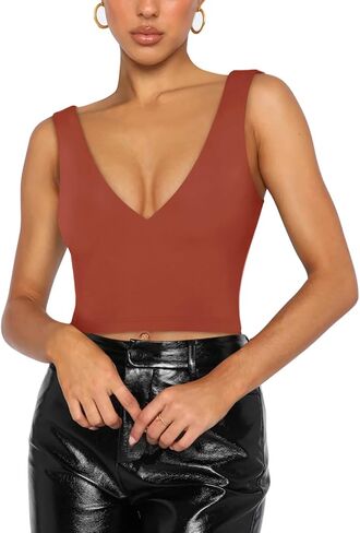 REORIA Women’s Sexy Plunge Deep V Neck Sleeveless V Backless Slim Fit Going Out Crop Tank Tops in Saudi Arabia