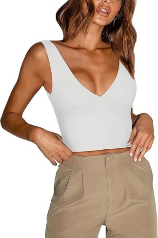 REORIA Women’s Sexy Plunge Deep V Neck Sleeveless V Backless Slim Fit Going Out Crop Tank Tops in Saudi Arabia