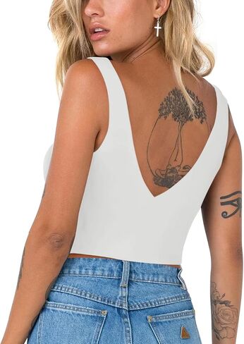 REORIA Women’s Sexy Plunge Deep V Neck Sleeveless V Backless Slim Fit Going Out Crop Tank Tops in Saudi Arabia