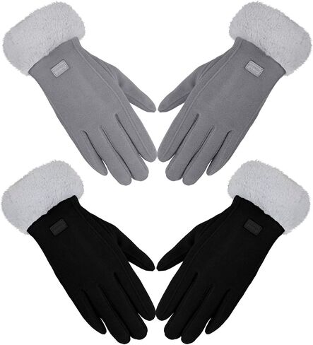 2 Pairs Women Winter Warm Gloves Touchscreen Gloves Plush Thermal Fleece Lining Cold Weather Gloves Warm Soft Fluffy Cuff Texting Gloves, Black Gray, Black, Gray, One size in Saudi Arabia