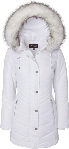 Women Longer Length Plush Lined Quilted Winter Puffer Coat Zip-Off Fur Trim Hood in Saudi Arabia