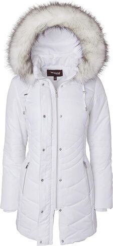 Women Longer Length Plush Lined Quilted Winter Puffer Coat Zip-Off Fur Trim Hood in Saudi Arabia