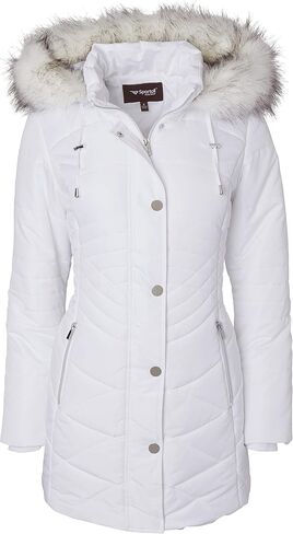 Women Longer Length Plush Lined Quilted Winter Puffer Coat Zip-Off Fur Trim Hood in Saudi Arabia
