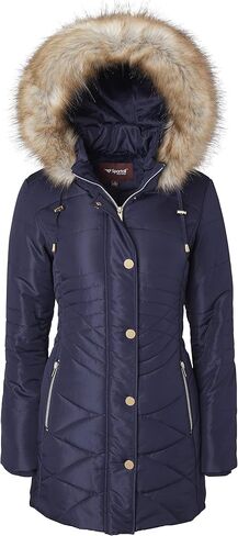 Women Longer Length Plush Lined Quilted Winter Puffer Coat Zip-Off Fur Trim Hood in Saudi Arabia