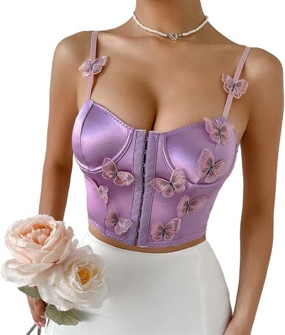 Women's Floral Lace Cami Crop Top Spaghetti Strap Sheer Mesh Corset Bustier Tops Bralette in Saudi Arabia