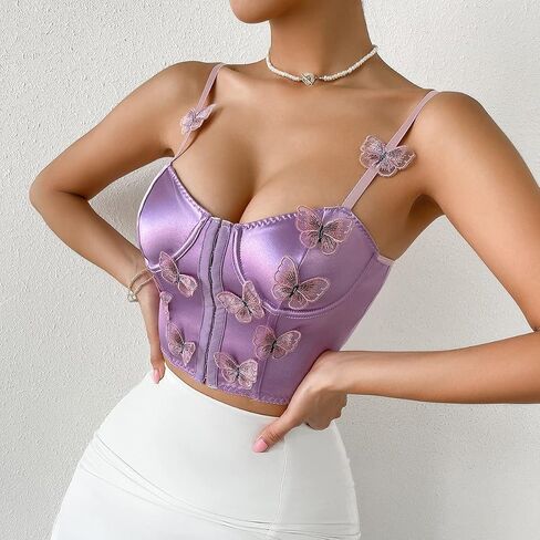 Women's Floral Lace Cami Crop Top Spaghetti Strap Sheer Mesh Corset Bustier Tops Bralette in Saudi Arabia