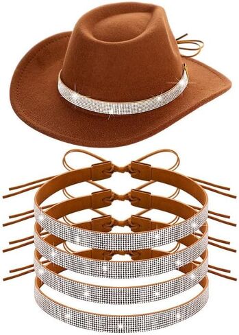 WDAHDHP Bling Hat Band with Rhinestones, 4Pcs Adjustable Cowboy Hatband, Cowgirl Hat Belt Western Hat Accessories for Men Women Brown in Kuwait