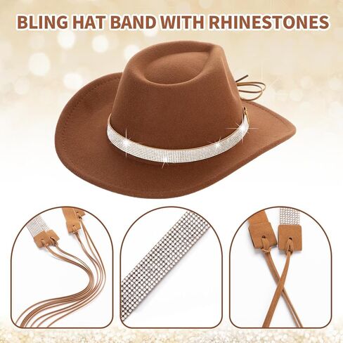 WDAHDHP Bling Hat Band with Rhinestones, 4Pcs Adjustable Cowboy Hatband, Cowgirl Hat Belt Western Hat Accessories for Men Women Brown in Kuwait