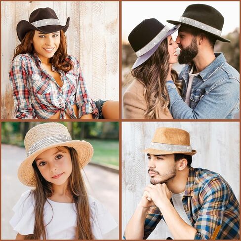 WDAHDHP Bling Hat Band with Rhinestones, 4Pcs Adjustable Cowboy Hatband, Cowgirl Hat Belt Western Hat Accessories for Men Women Brown in Kuwait