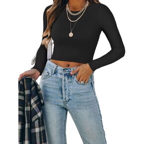 REORIA Women's Cute High Neck Double Lined Long Sleeve Slim Fitted T Shirt Trendy Going Out Crop Tops in Kuwait