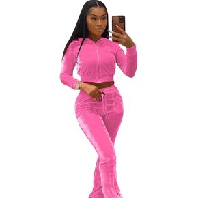 بدلة رياضية نسائية بلون سادة مكونة من قطعتين من القطيفة مكونة من قطعتين للنساء، سترة علوية قصيرة بغطاء للرأس وأكمام طويلة وسروال مرن واسع مجموعة ملابس رياضية كاجوال بدلة رياضية للركض مع جيوب in Kuwait