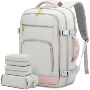 LOVEVOOK Travel Backpack for Women, 40L Carry On Backpack Flight Approved, TSA Personal Item Travel Bag Fits 17 Inch Laptop, Business Weekender Overnight Waterproof Daypack with 2 Cubes, Grey-Pink in Saudi Arabia
