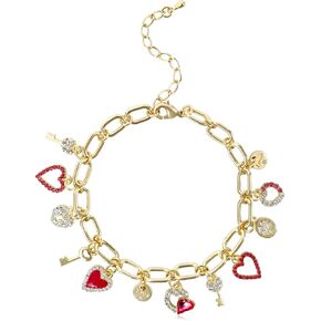Cute Gold Heart Charm Link Bracelets for Women Teen Girls Gold Plated CZ Love Heart Lock Key Lucky Clover Charm Chain Bracelet Dangle Crystal Pendant Adjustable Party Trendy Y2K Jewelry Gift for Girls