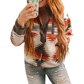 معطف Dongfeng النسائي من الصوف المطبوع عليه صوف الأزتيك، جاكيت ذو طية صدر السترة بأزرار سفلية، جاكيت شتوي مع جيوب in Kuwait