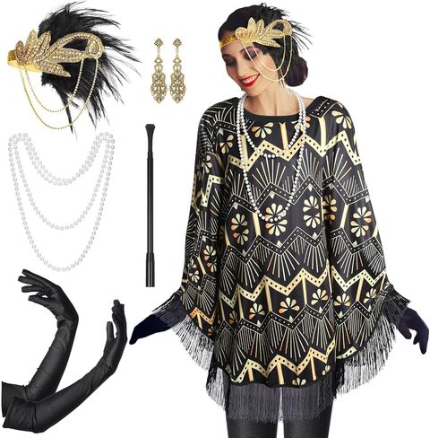 Floraltop 6 Pcs 1920s Flapper Costume Accessories Set for Women 20s Vintage Fringed Poncho Flapper Shawl for New Year Masquerade Party Outfits in Saudi Arabia