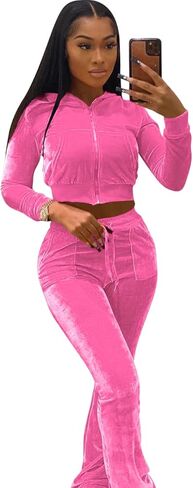 بدلة رياضية نسائية بلون سادة مكونة من قطعتين من القطيفة مكونة من قطعتين للنساء، سترة علوية قصيرة بغطاء للرأس وأكمام طويلة وسروال مرن واسع مجموعة ملابس رياضية كاجوال بدلة رياضية للركض مع جيوب in Kuwait