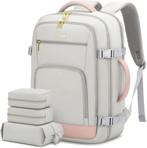 LOVEVOOK Travel Backpack for Women, 40L Carry On Backpack Flight Approved, TSA Personal Item Travel Bag Fits 17 Inch Laptop, Business Weekender Overnight Waterproof Daypack with 2 Cubes, Grey-Pink in Saudi Arabia
