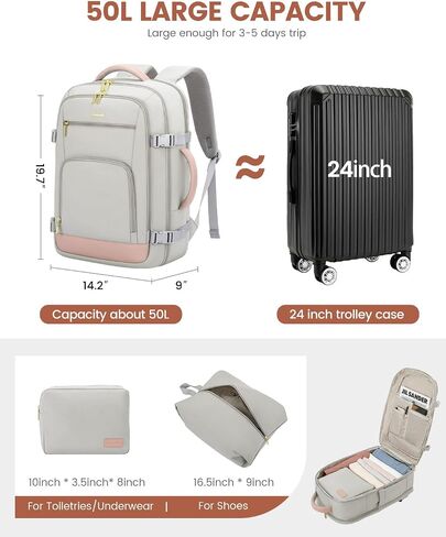 LOVEVOOK Travel Backpack for Women, 40L Carry On Backpack Flight Approved, TSA Personal Item Travel Bag Fits 17 Inch Laptop, Business Weekender Overnight Waterproof Daypack with 2 Cubes, Grey-Pink in Saudi Arabia