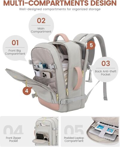LOVEVOOK Travel Backpack for Women, 40L Carry On Backpack Flight Approved, TSA Personal Item Travel Bag Fits 17 Inch Laptop, Business Weekender Overnight Waterproof Daypack with 2 Cubes, Grey-Pink in Saudi Arabia