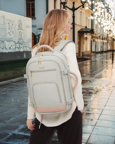 LOVEVOOK Travel Backpack for Women, 40L Carry On Backpack Flight Approved, TSA Personal Item Travel Bag Fits 17 Inch Laptop, Business Weekender Overnight Waterproof Daypack with 2 Cubes, Grey-Pink in Saudi Arabia