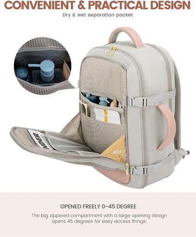 LOVEVOOK Travel Backpack for Women, 40L Carry On Backpack Flight Approved, TSA Personal Item Travel Bag Fits 17 Inch Laptop, Business Weekender Overnight Waterproof Daypack with 2 Cubes, Grey-Pink in Saudi Arabia