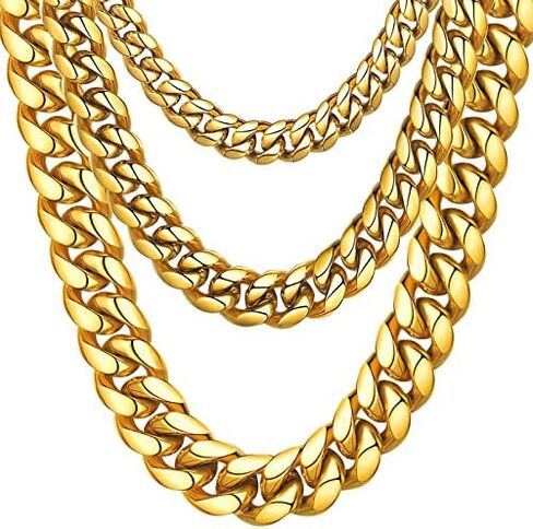 ChainsHouse Miami Cuban Chain Necklace for Men, 6mm/10mm/14mm Width, 18K Gold Plated/Stainless Steel/Black Men Chunky Curb Link Hip Hop Necklace Chains, 14" 18" 20" 22" 24" 26" 28" 30" Length, Come Gift Box in Saudi Arabia