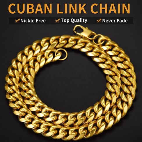 ChainsHouse Miami Cuban Chain Necklace for Men, 6mm/10mm/14mm Width, 18K Gold Plated/Stainless Steel/Black Men Chunky Curb Link Hip Hop Necklace Chains, 14" 18" 20" 22" 24" 26" 28" 30" Length, Come Gift Box in Saudi Arabia