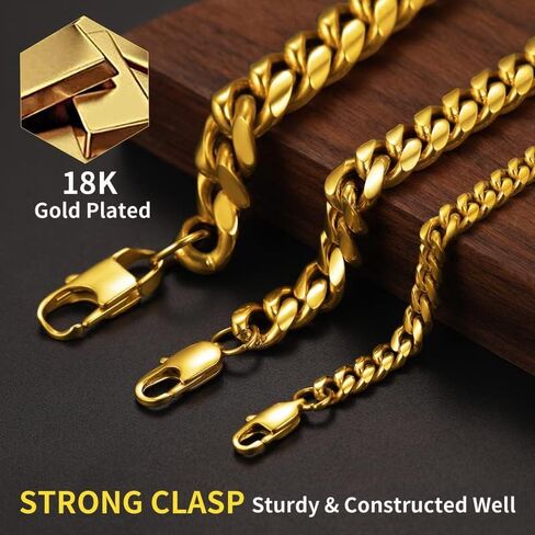 ChainsHouse Miami Cuban Chain Necklace for Men, 6mm/10mm/14mm Width, 18K Gold Plated/Stainless Steel/Black Men Chunky Curb Link Hip Hop Necklace Chains, 14" 18" 20" 22" 24" 26" 28" 30" Length, Come Gift Box in Saudi Arabia