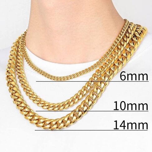 ChainsHouse Miami Cuban Chain Necklace for Men, 6mm/10mm/14mm Width, 18K Gold Plated/Stainless Steel/Black Men Chunky Curb Link Hip Hop Necklace Chains, 14" 18" 20" 22" 24" 26" 28" 30" Length, Come Gift Box in Saudi Arabia