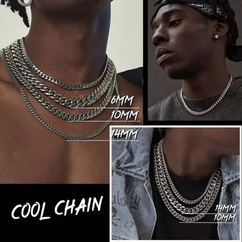 ChainsHouse Miami Cuban Chain Necklace for Men, 6mm/10mm/14mm Width, 18K Gold Plated/Stainless Steel/Black Men Chunky Curb Link Hip Hop Necklace Chains, 14" 18" 20" 22" 24" 26" 28" 30" Length, Come Gift Box in Saudi Arabia