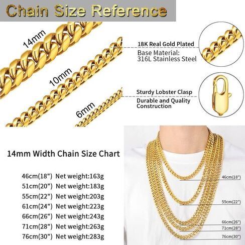 ChainsHouse Miami Cuban Chain Necklace for Men, 6mm/10mm/14mm Width, 18K Gold Plated/Stainless Steel/Black Men Chunky Curb Link Hip Hop Necklace Chains, 14" 18" 20" 22" 24" 26" 28" 30" Length, Come Gift Box in Saudi Arabia