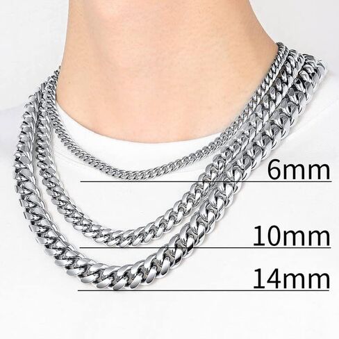 ChainsHouse Miami Cuban Chain Necklace for Men, 6mm/10mm/14mm Width, 18K Gold Plated/Stainless Steel/Black Men Chunky Curb Link Hip Hop Necklace Chains, 14" 18" 20" 22" 24" 26" 28" 30" Length, Come Gift Box in Saudi Arabia