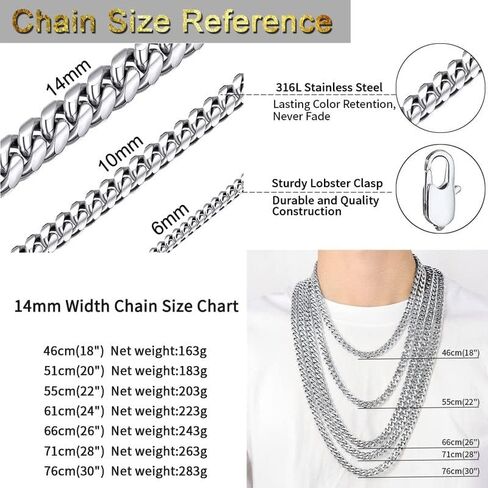 ChainsHouse Miami Cuban Chain Necklace for Men, 6mm/10mm/14mm Width, 18K Gold Plated/Stainless Steel/Black Men Chunky Curb Link Hip Hop Necklace Chains, 14" 18" 20" 22" 24" 26" 28" 30" Length, Come Gift Box in Saudi Arabia