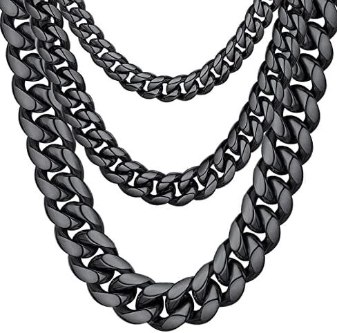 ChainsHouse Miami Cuban Chain Necklace for Men, 6mm/10mm/14mm Width, 18K Gold Plated/Stainless Steel/Black Men Chunky Curb Link Hip Hop Necklace Chains, 14" 18" 20" 22" 24" 26" 28" 30" Length, Come Gift Box in Saudi Arabia
