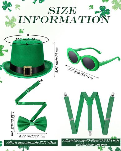 مجموعة من 4 قطع من كوزي باور لعيد القديس باتريك، زي الجني الايرلندي مع قبعة علوية خضراء ريترو نظارات شمسية فيونكة وربطة عنق وحزام حمالات للحفلات التنكرية in Saudi Arabia